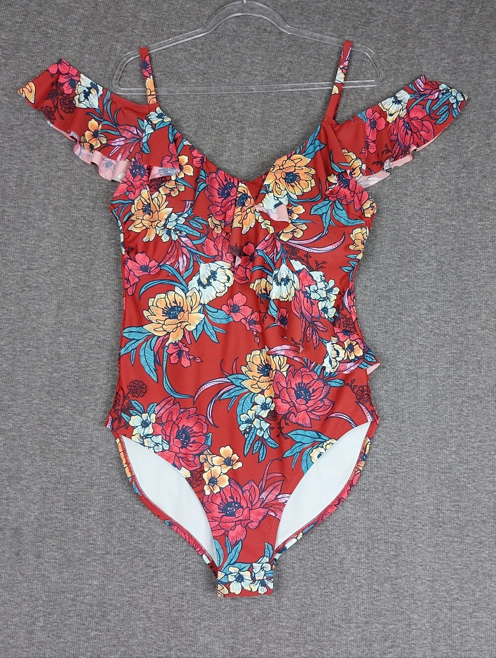 RUE 21 RUE BLEU WOMENS RUST RED BROWN FLORAL COLD SHOULDER ONE PIECE SWIMSUIT 1X